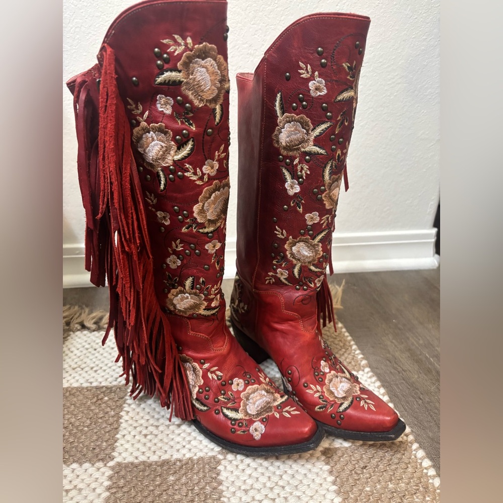 Red Embroidered Fringe Heeled Boots - Women